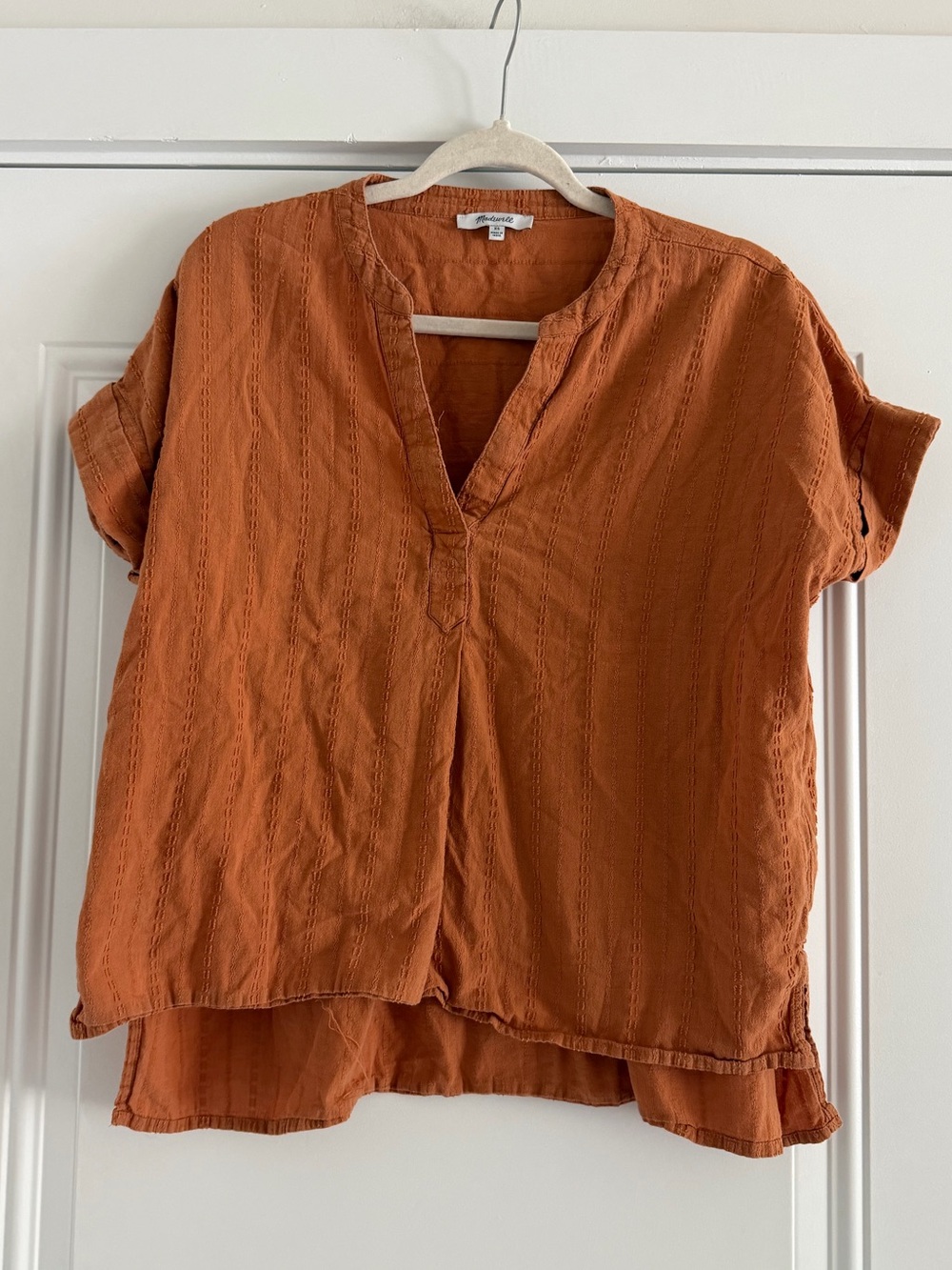 Madewell Burnt Orange Textured V-Neck Short Sleeve Tunic